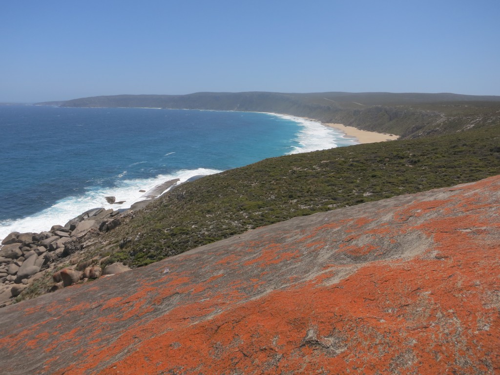 Blick von den Remarkable Rocks auf den angrenzenden Strand