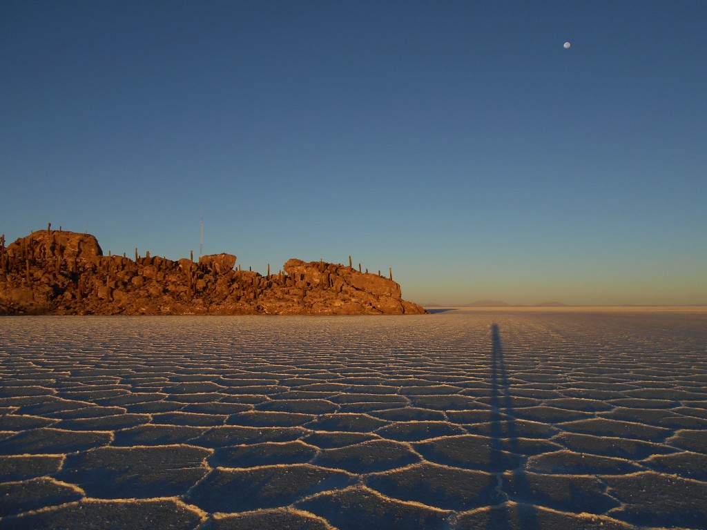 Langer Schatten vor der Kaktusinsel Isla Incahuasi in der Salar de Uyuni